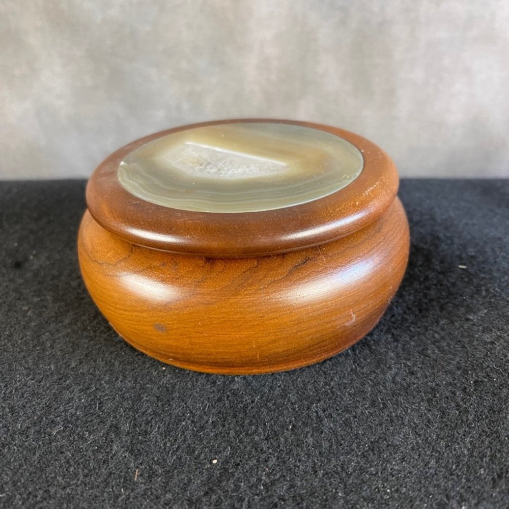 Small Vintage Hand Carved Wood Trinket Box With Inlaid Quartz Lid